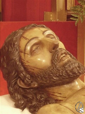 Rostro del Cristo de la Buena Muerte realizado por el escultor local Manuel Pineda Calderón 